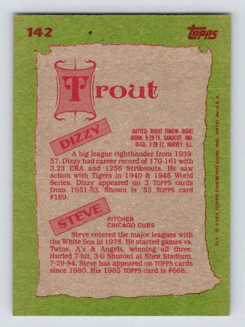1985 Topps #142 Dizzy Trout/Steve Trout EX Excellent Boston Red Sox/Chicago Cubs Baseball Card - Baseball Card Single