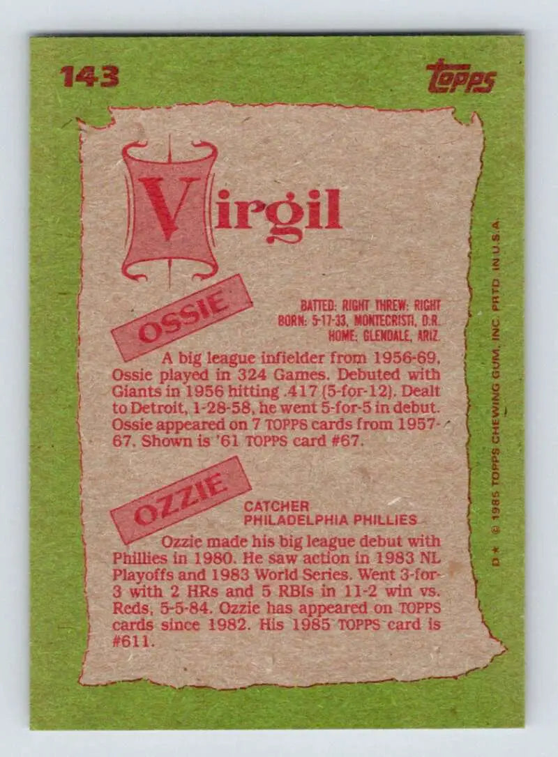 1985 Topps #143 Ozzie Virgil Sr./Ozzie Virgil EX Excellent Detroit Tigers/Philadelphia Phillies Baseball Card