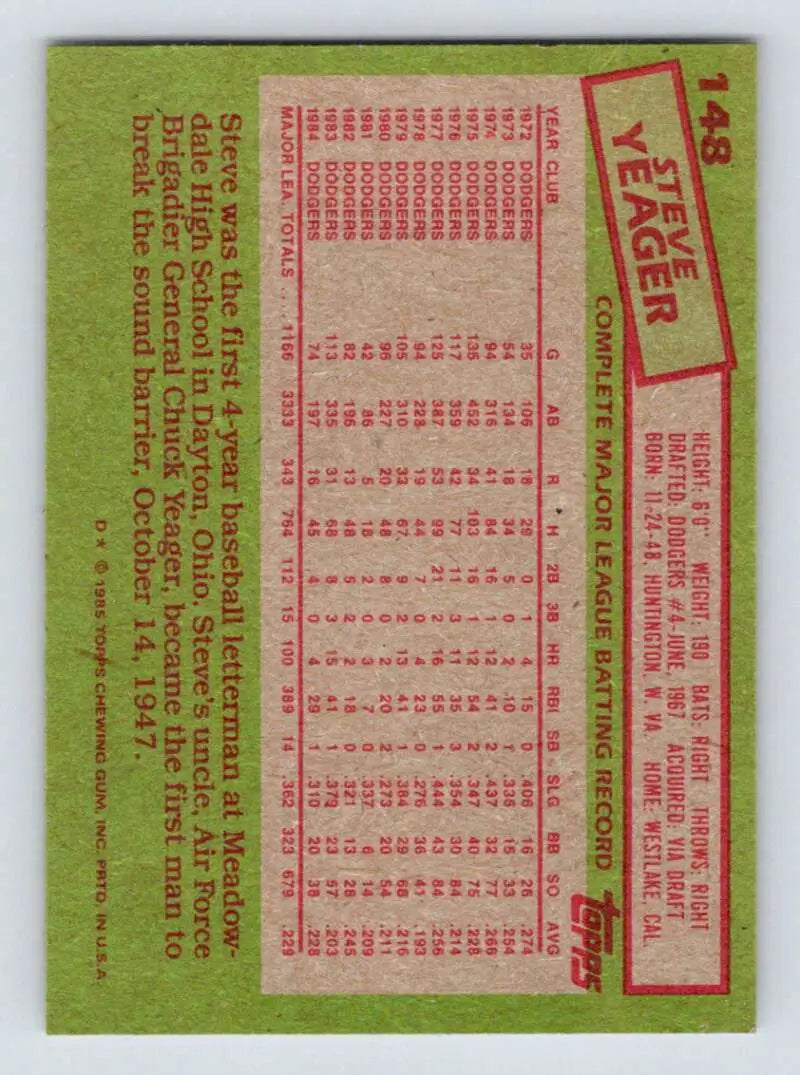 1985 Topps #148 Steve Yeager EX Excellent Los Angeles Dodgers Baseball Card - Baseball Card Single