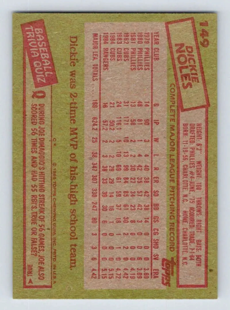 1985 Topps #149 Dickie Noles EX Excellent Texas Rangers Baseball Card - Baseball Card Single