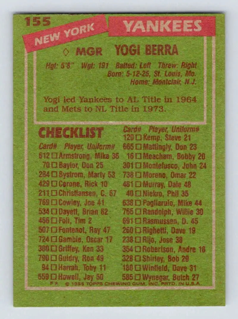 1985 Topps #155 Yogi Berra EX Excellent New York Yankees Baseball Card - Baseball Card Single