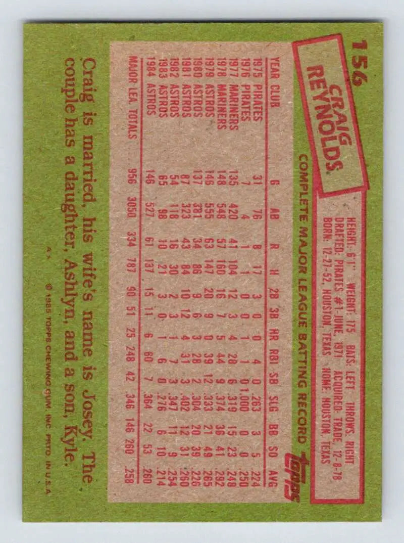 1985 Topps #156 Craig Reynolds EX Excellent Houston Astros Baseball Card - Baseball Card Single