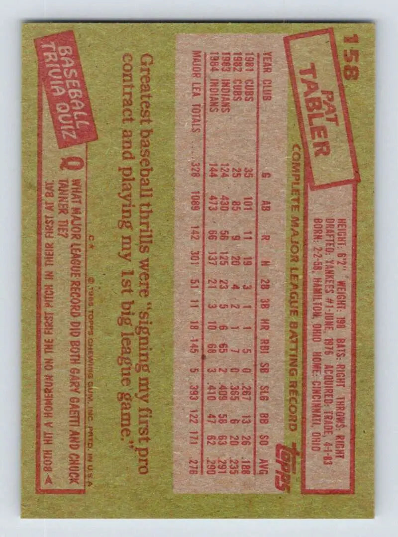 1985 Topps #158 Pat Tabler EX Excellent Cleveland Indians Baseball Card - Baseball Card Single