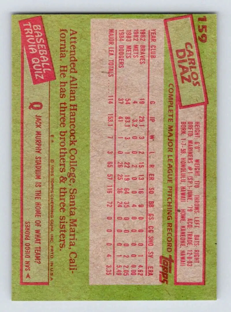 1985 Topps #159 Carlos Diaz EX Excellent Los Angeles Dodgers Baseball Card - Baseball Card Single
