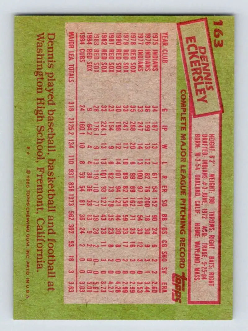 1985 Topps #163 Dennis Eckersley EX Excellent Chicago Cubs Baseball Card - Baseball Card Single