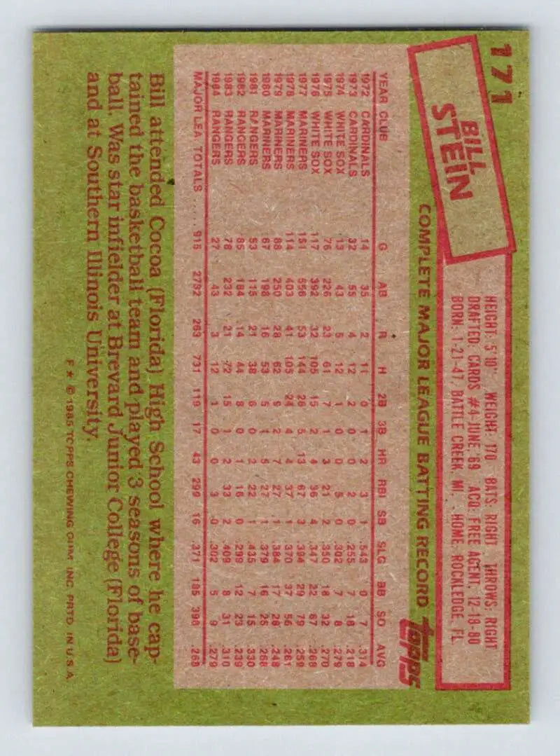 1985 Topps #171 Bill Stein EX Excellent Texas Rangers Baseball Card - Baseball Card Single