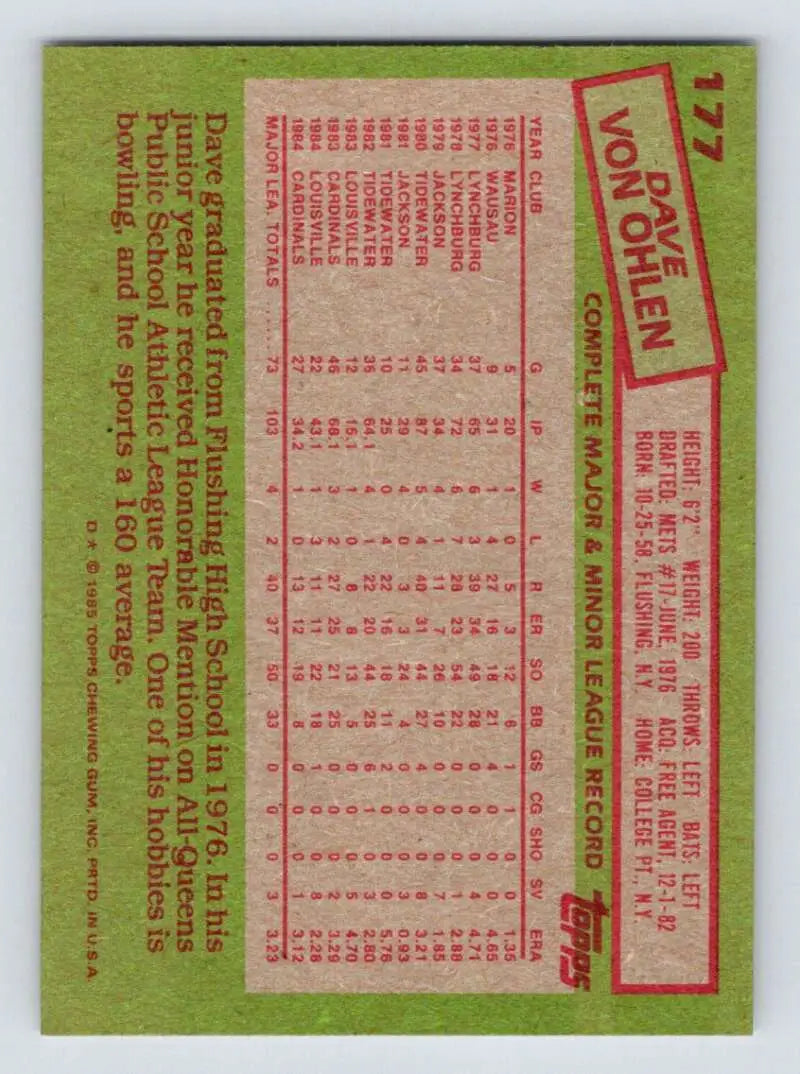 1985 Topps #177 Dave Von Ohlen EX Excellent St. Louis Cardinals Baseball Card - Baseball Card Single