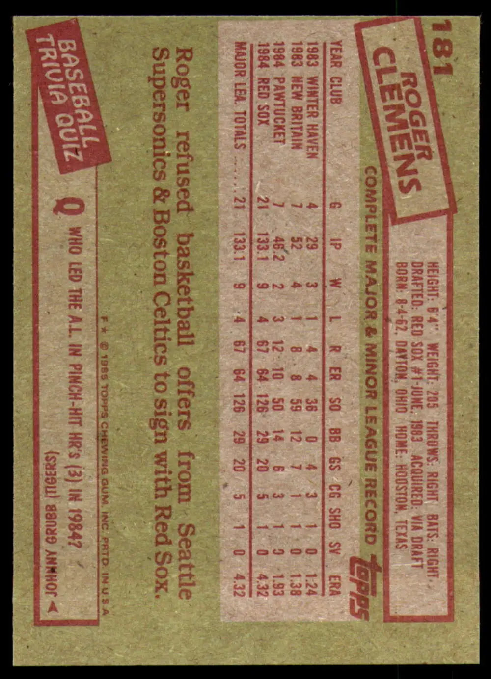 1985 Topps #181 Roger Clemens EX Excellent RC Rookie Boston Red Sox Baseball Card