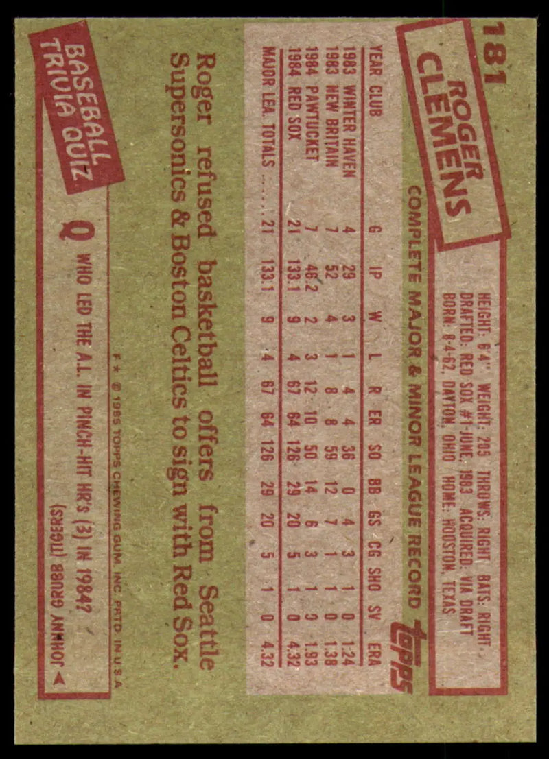 1985 Topps #181 Roger Clemens EX Excellent RC Rookie Boston Red Sox Baseball Card