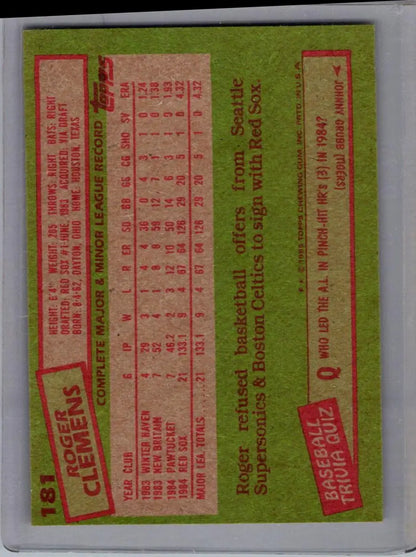 Back of a vintage 1985 Topps Roger Clemens baseball card showing player details