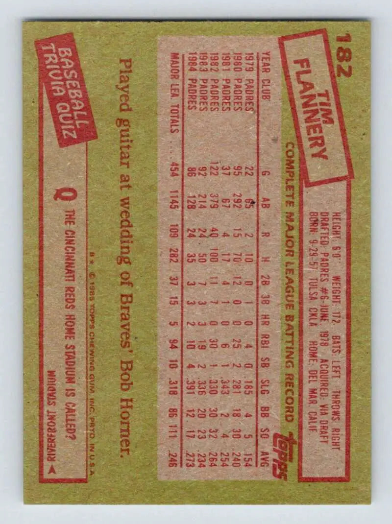 1985 Topps #182 Tim Flannery EX Excellent San Diego Padres Baseball Card - Baseball Card Single