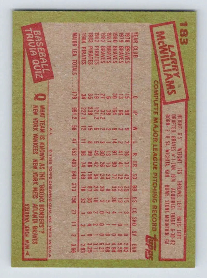 1985 Topps #183 Larry McWilliams EX Excellent Pittsburgh Pirates Baseball Card - Baseball Card Single