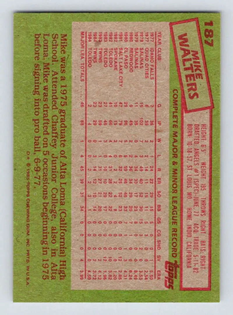 1985 Topps #187 Mike Walters EX Excellent Minnesota Twins Baseball Card - Baseball Card Single