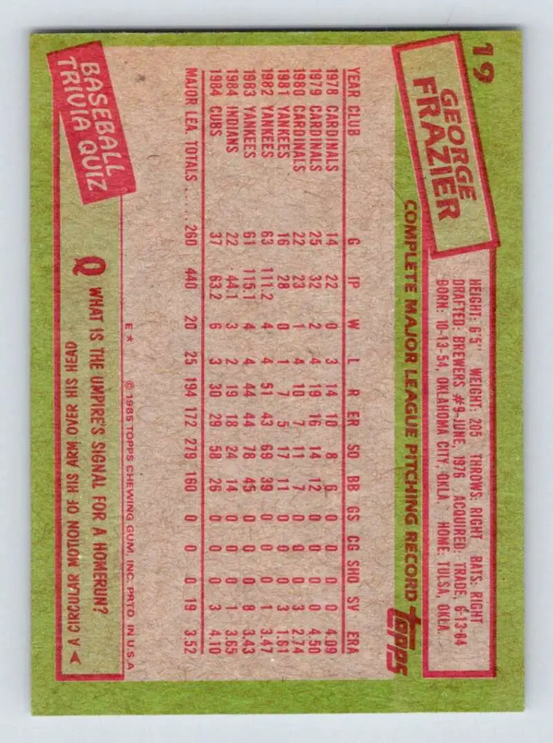 1985 Topps #19 George Frazier EX Excellent Chicago Cubs Baseball Card - Baseball Card Single