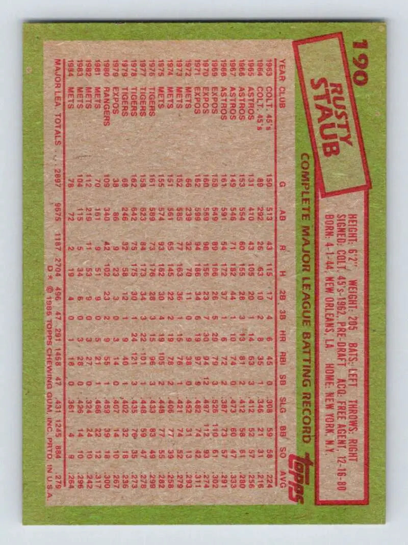 1985 Topps #190 Rusty Staub EX Excellent New York Mets Baseball Card - Baseball Card Single