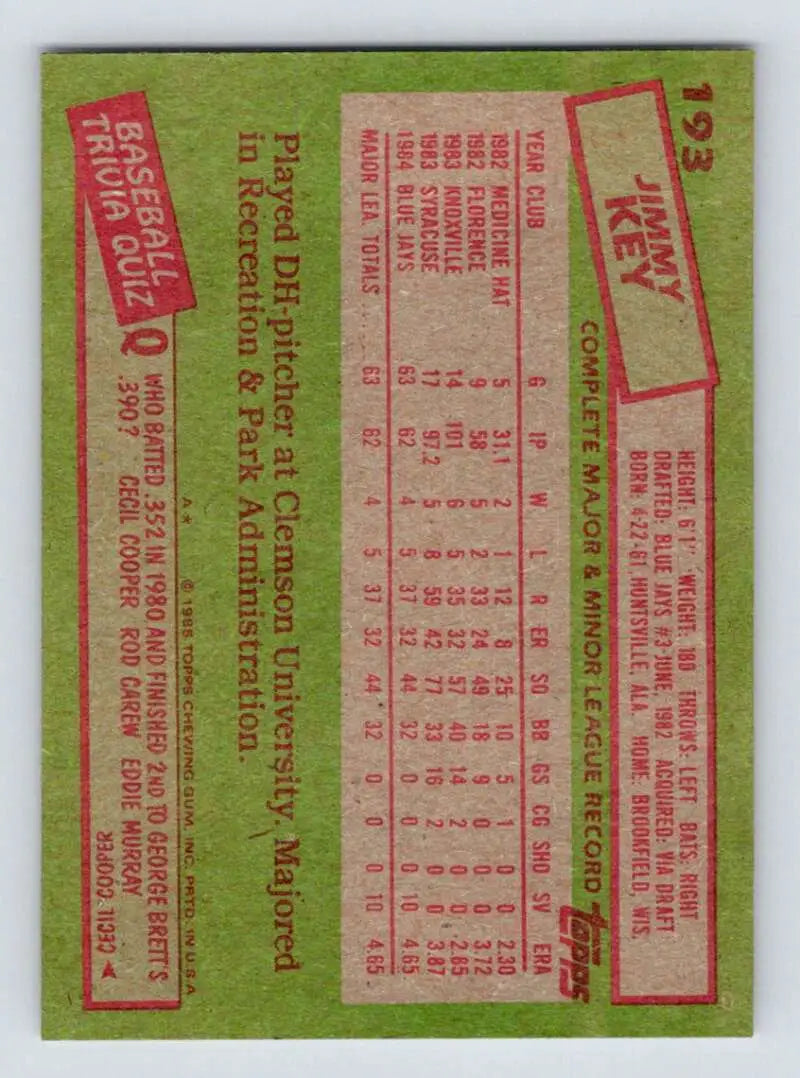 1985 Topps #193 Jimmy Key EX Excellent RC Rookie Toronto Blue Jays Baseball Card - Baseball Card Single