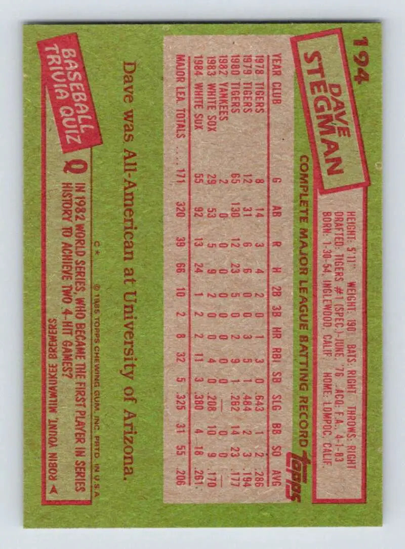 1985 Topps #194 Dave Stegman EX Excellent Chicago White Sox Baseball Card - Baseball Card Single