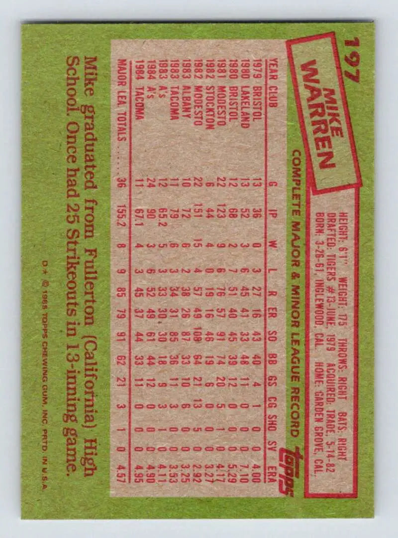1985 Topps #197 Mike Warren EX Excellent Oakland Athletics Baseball Card - Baseball Card Single