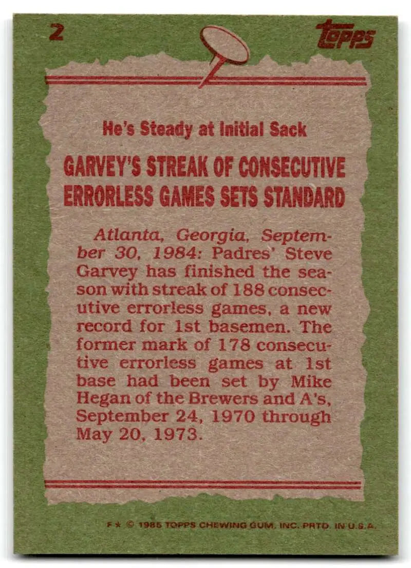 1985 Topps #2 Steve Garvey EX Excellent San Diego Padres Baseball Card - Baseball Card Single