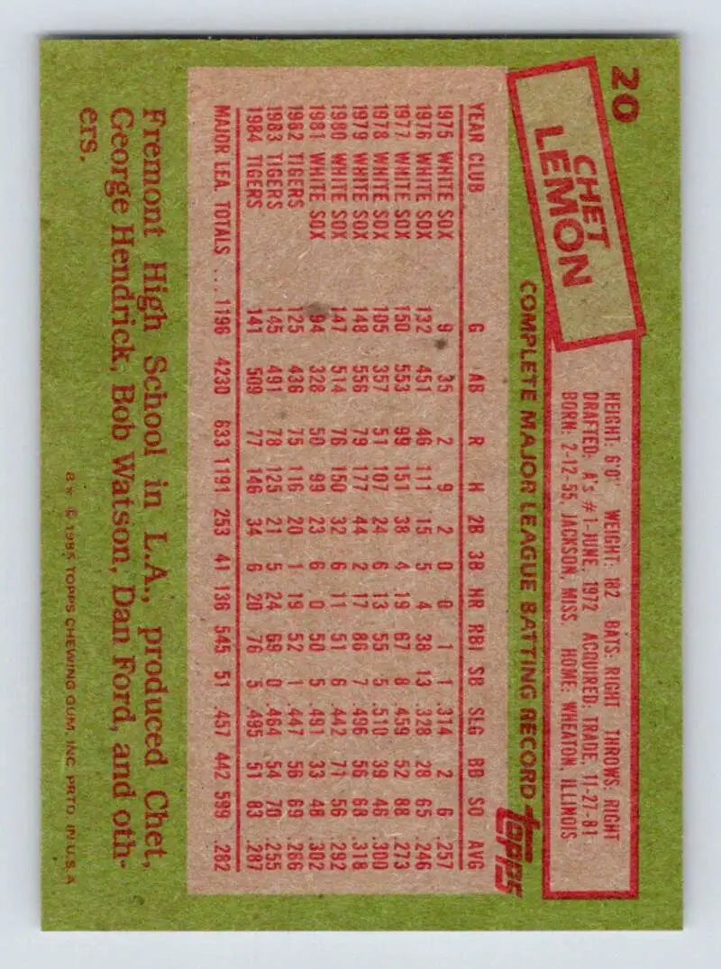 1985 Topps #20 Chet Lemon EX Excellent Detroit Tigers Baseball Card - Baseball Card Single