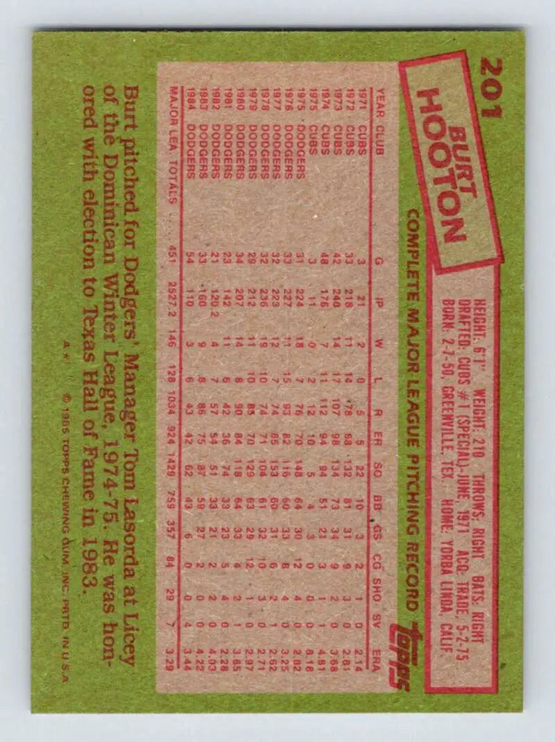 1985 Topps #201 Burt Hooton EX Excellent Los Angeles Dodgers Baseball Card - Baseball Card Single