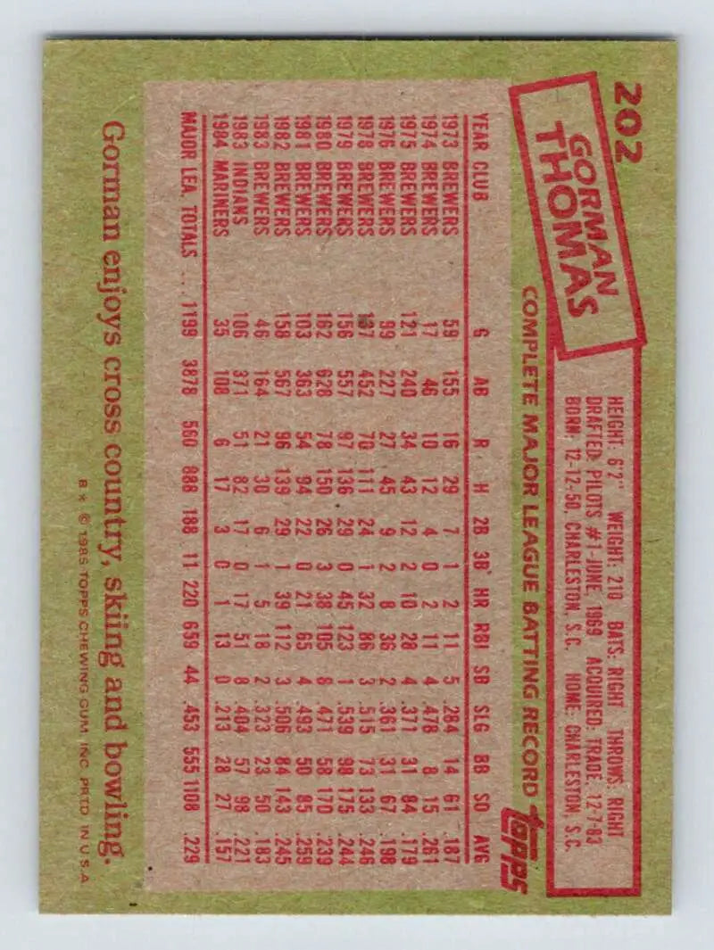 1985 Topps #202 Gorman Thomas EX Excellent Seattle Mariners Baseball Card - Baseball Card Single