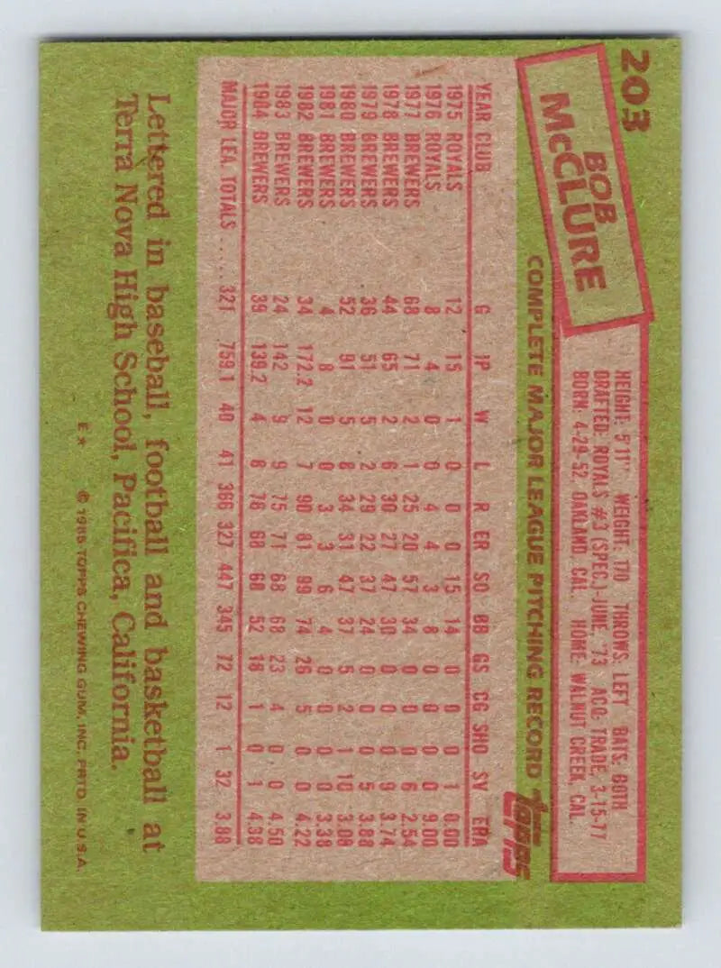 1985 Topps #203 Bob McClure EX Excellent Milwaukee Brewers Baseball Card - Baseball Card Single