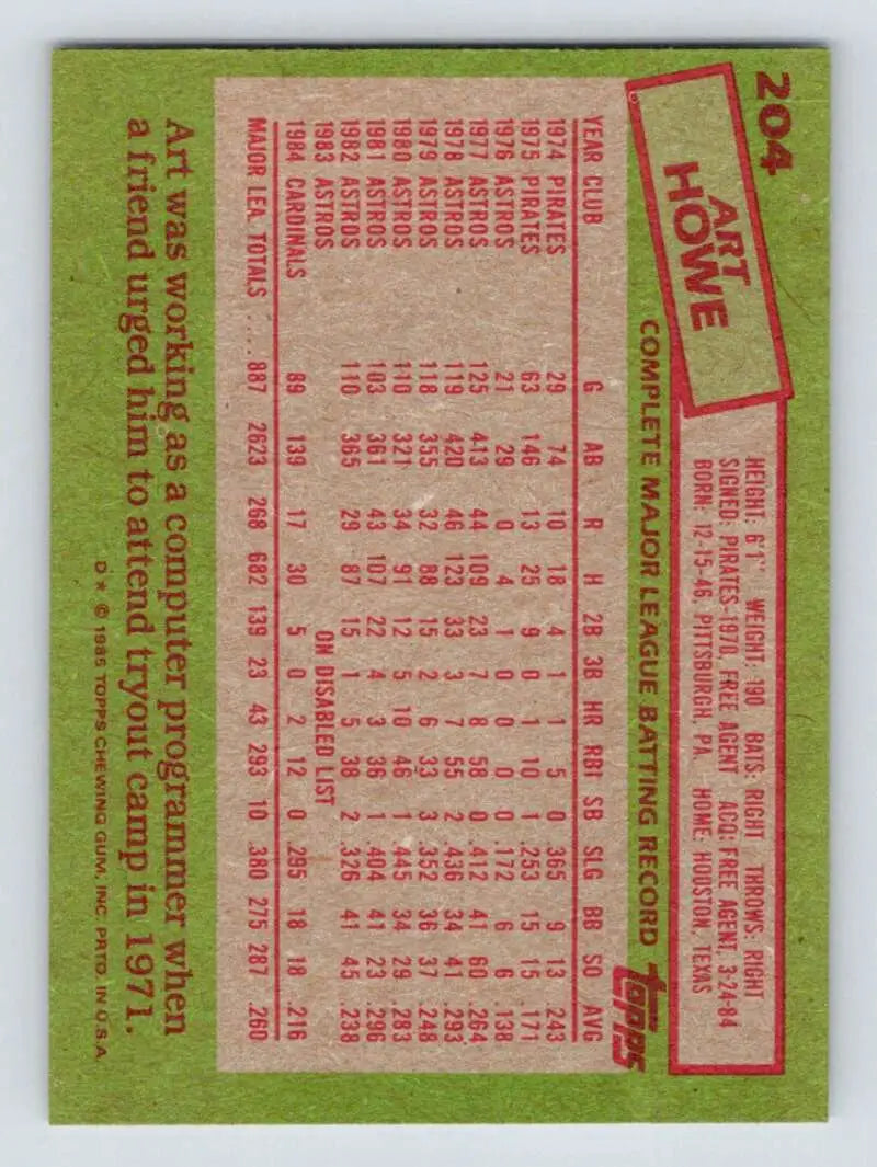 1985 Topps #204 Art Howe EX Excellent St. Louis Cardinals Baseball Card - Baseball Card Single