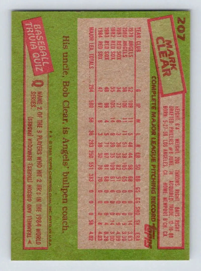 1985 Topps #207 Mark Clear EX Excellent Boston Red Sox Baseball Card - Baseball Card Single