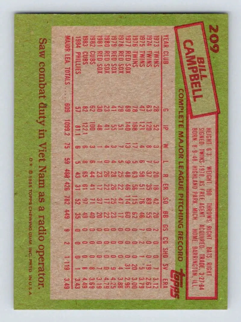 1985 Topps #209 Bill Campbell EX Excellent Philadelphia Phillies Baseball Card - Baseball Card Single