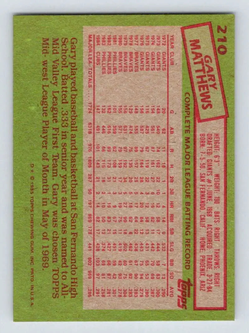 1985 Topps #210 Gary Matthews EX Excellent Chicago Cubs Baseball Card - Baseball Card Single
