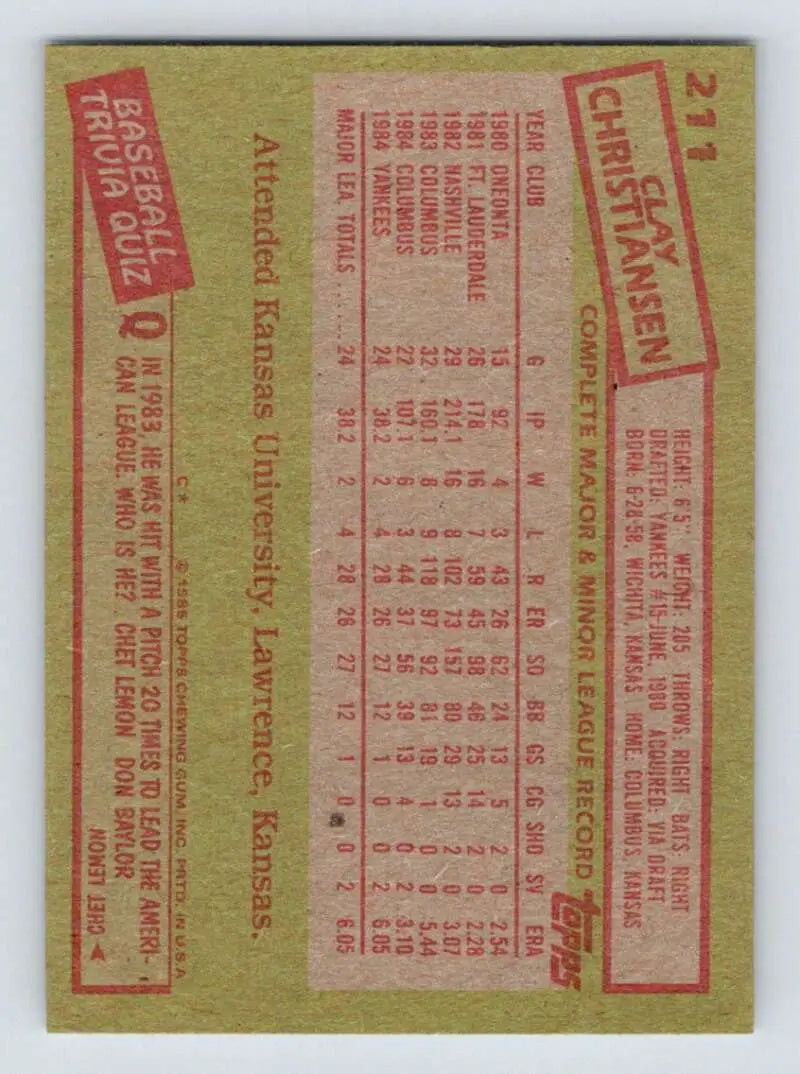 1985 Topps #211 Clay Christiansen EX Excellent RC Rookie New York Yankees Baseball Card - Baseball Card Single