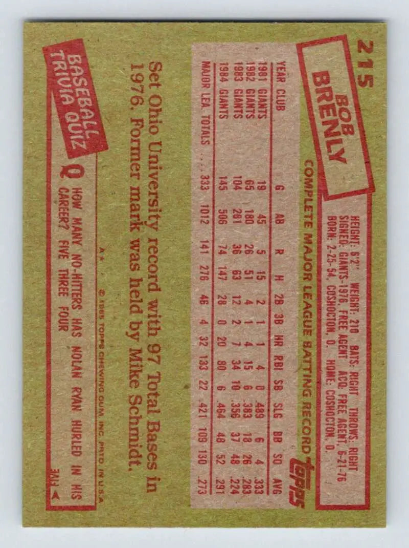 1985 Topps #215 Bob Brenly EX Excellent San Francisco Giants Baseball Card - Baseball Card Single