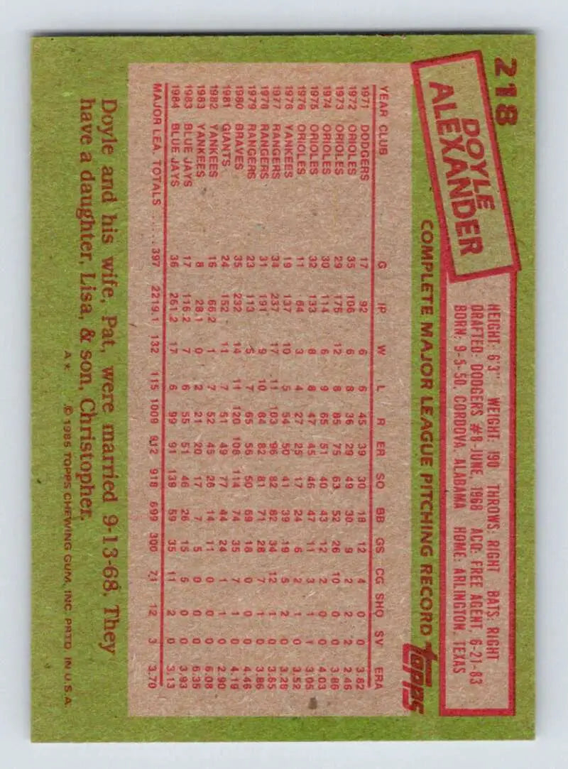 1985 Topps #218 Doyle Alexander EX Excellent Toronto Blue Jays Baseball Card - Baseball Card Single