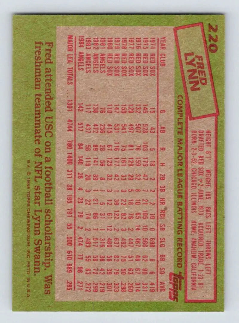 1985 Topps #220 Fred Lynn EX Excellent California Angels Baseball Card - Baseball Card Single