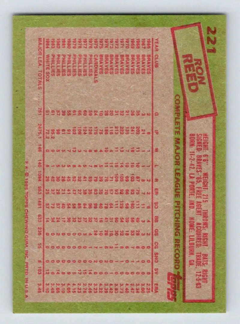 1985 Topps #221 Ron Reed EX Excellent Chicago White Sox Baseball Card - Baseball Card Single