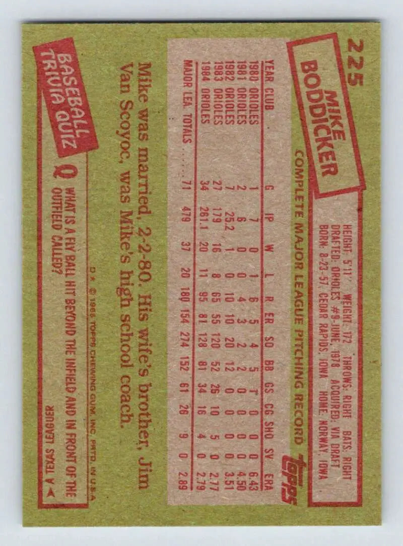 1985 Topps #225 Mike Boddicker EX Excellent Baltimore Orioles Baseball Card - Baseball Card Single