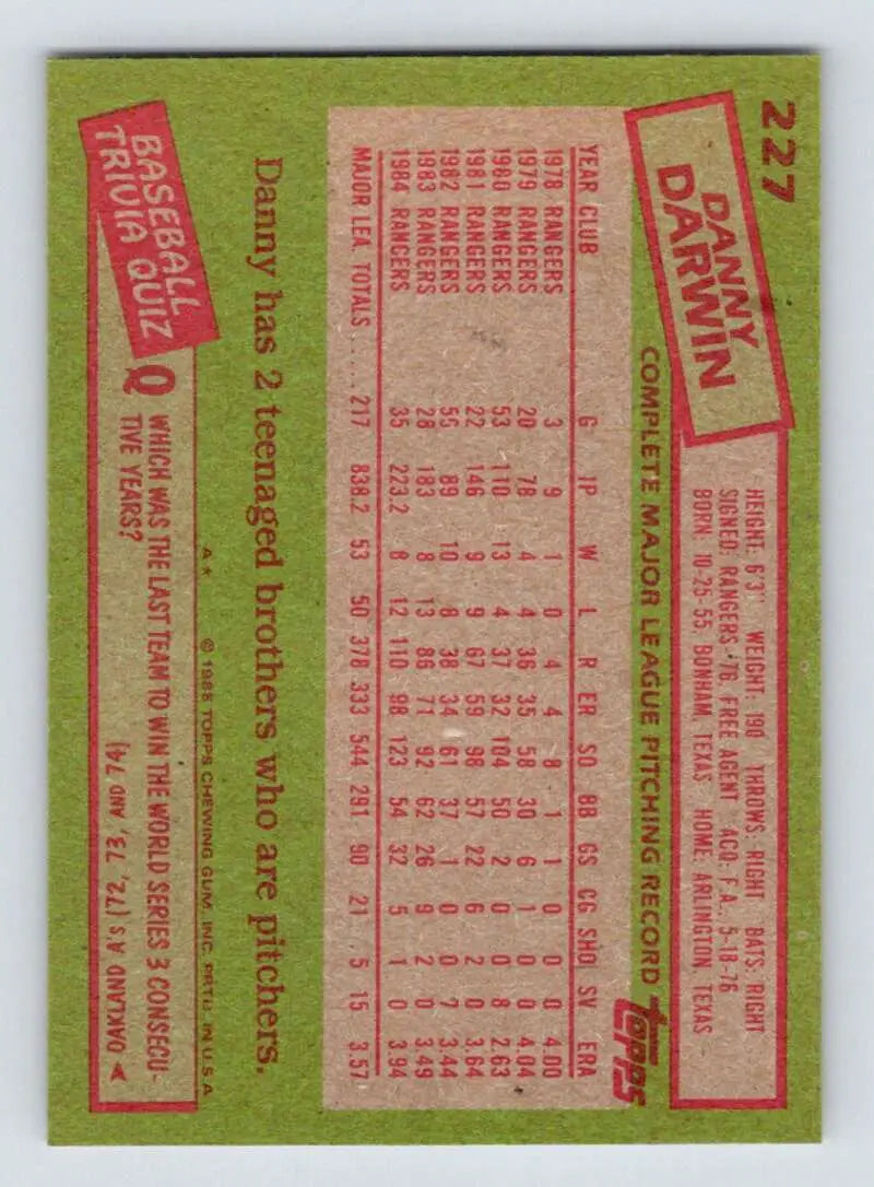 1985 Topps #227 Danny Darwin EX Excellent Texas Rangers Baseball Card - Baseball Card Single