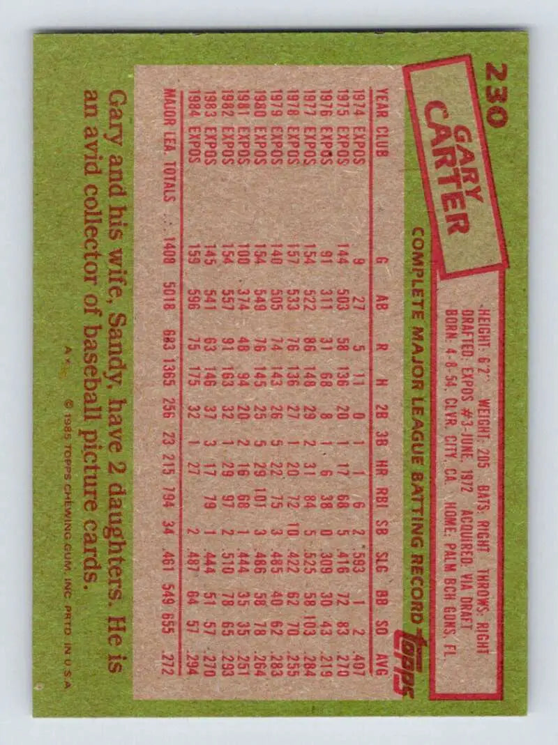 1985 Topps #230 Gary Carter EX Excellent Montreal Expos Baseball Card - Baseball Card Single