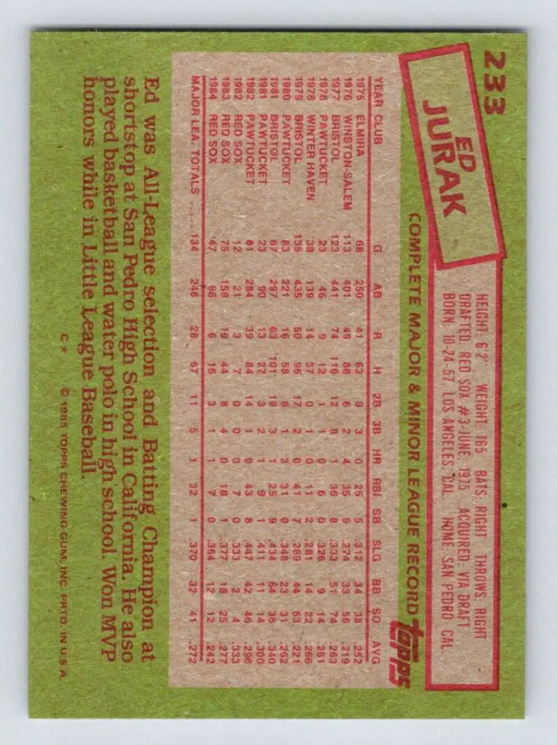 1985 Topps #233 Ed Jurak EX Excellent Boston Red Sox Baseball Card - Baseball Card Single
