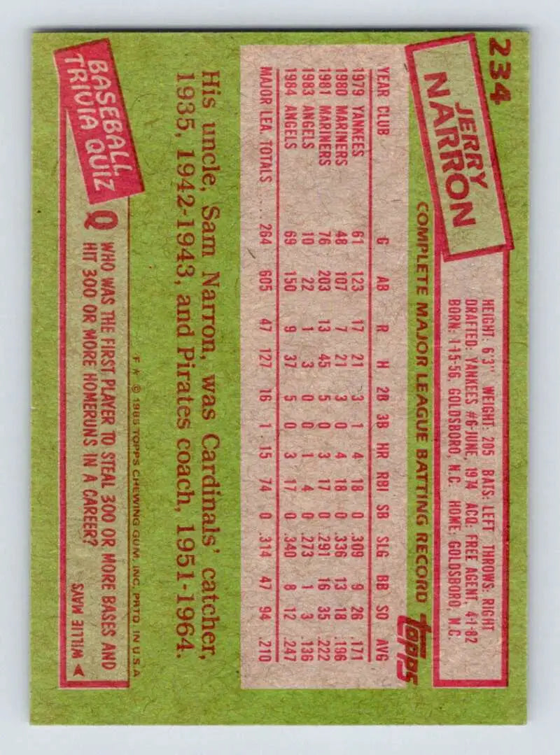 1985 Topps #234 Jerry Narron EX Excellent California Angels Baseball Card - Baseball Card Single