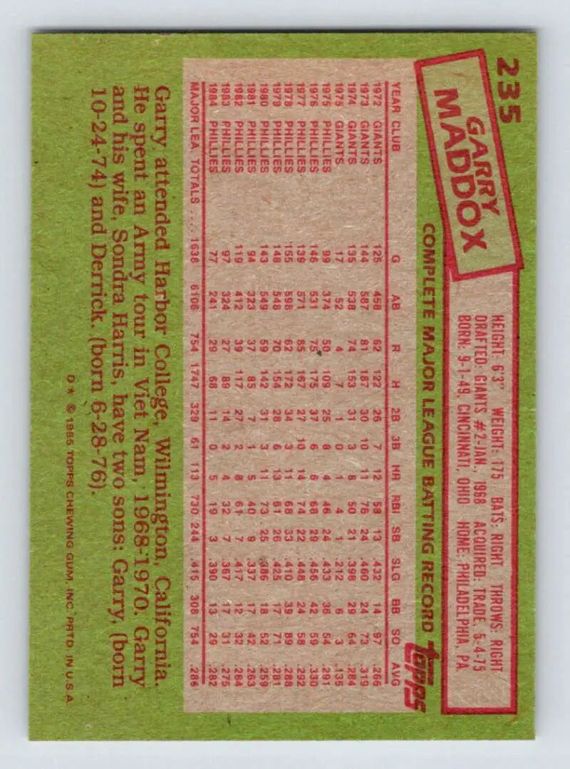 1985 Topps #235 Garry Maddox EX Excellent Philadelphia Phillies Baseball Card - Baseball Card Single