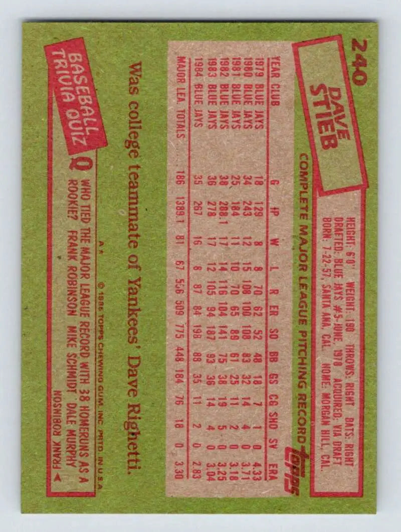 1985 Topps #240 Dave Stieb EX Excellent Toronto Blue Jays Baseball Card - Baseball Card Single