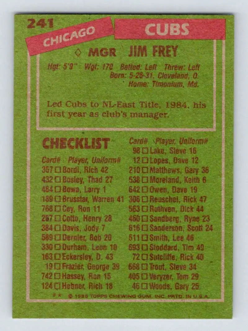 1985 Topps #241 Jim Frey EX Excellent Chicago Cubs Baseball Card - Baseball Card Single
