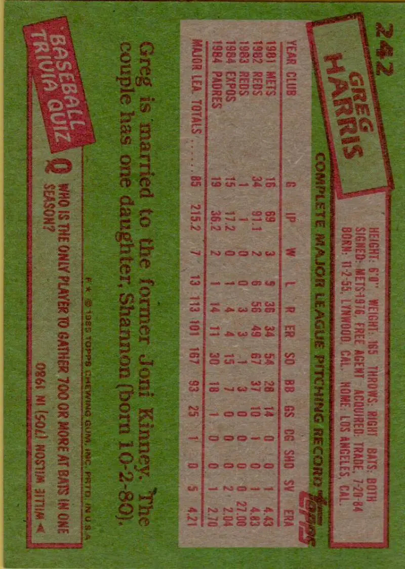 1985 Topps #242 Greg Harris EX Excellent San Diego Padres Baseball Card - Baseball Card Single