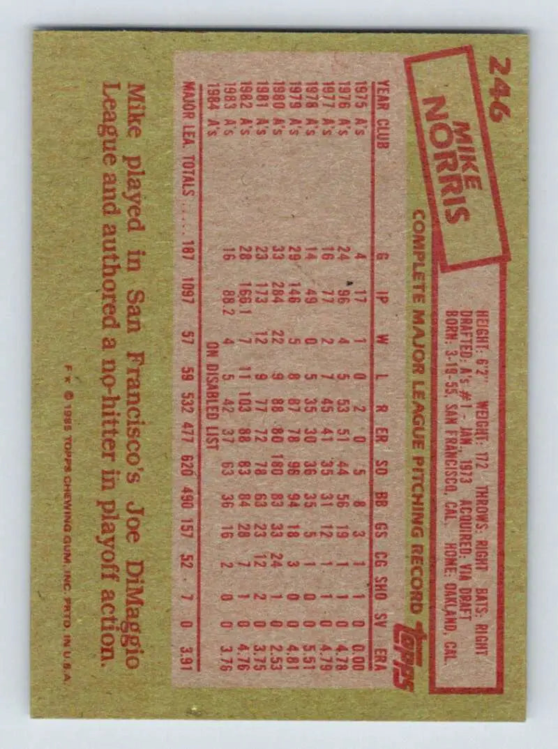 1985 Topps #246 Mike Norris EX Excellent Oakland Athletics Baseball Card - Baseball Card Single