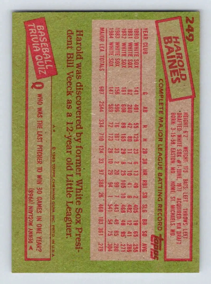 1985 Topps #249 Harold Baines EX Excellent Chicago White Sox Baseball Card - Baseball Card Single