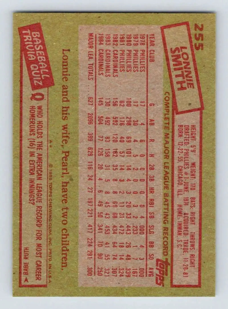 1985 Topps #255 Lonnie Smith EX Excellent St. Louis Cardinals Baseball Card - Baseball Card Single