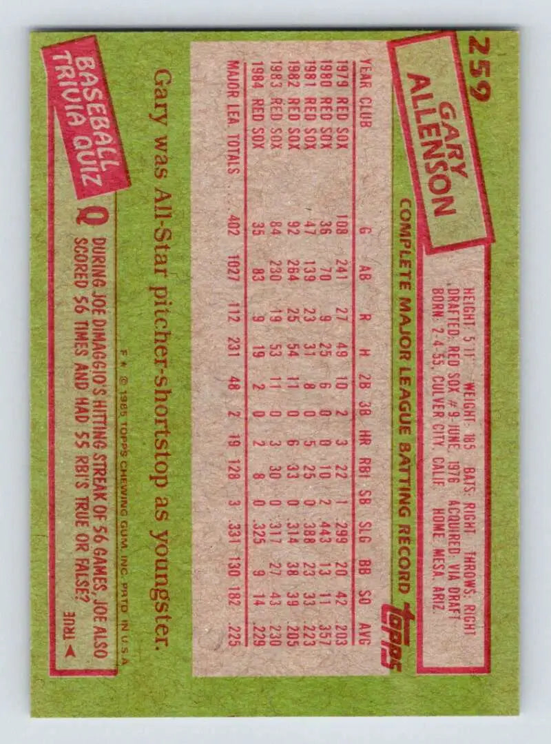 1985 Topps #259 Gary Allenson EX Excellent Boston Red Sox Baseball Card - Baseball Card Single