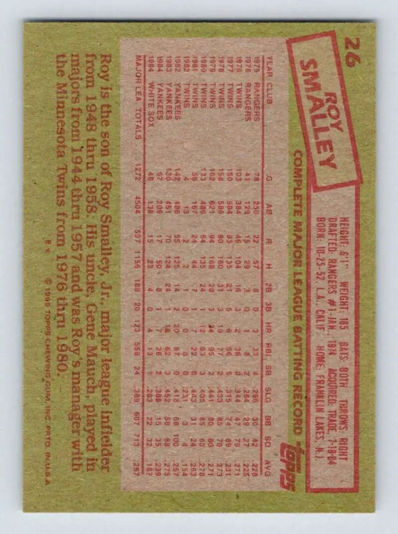 1985 Topps #26 Roy Smalley EX Excellent Chicago White Sox Baseball Card - Baseball Card Single